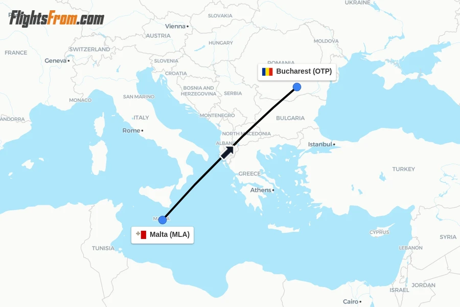 Flights from Malta to Bucharest route map