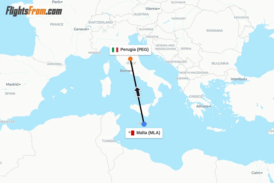 Flights from Malta to Perugia route map