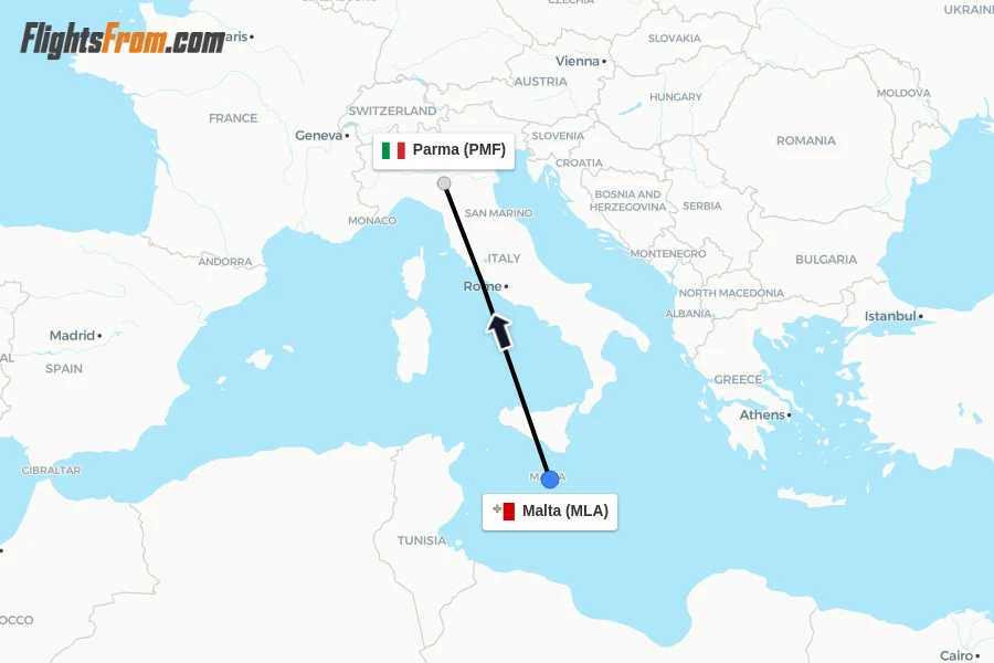 Flights from Malta to Parma route map
