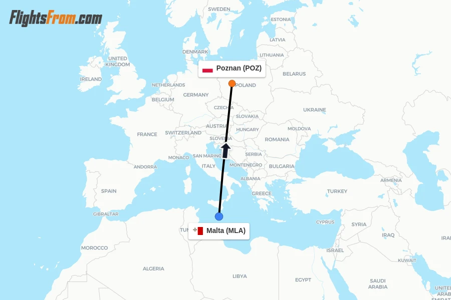 Flights from Malta to Poznan route map