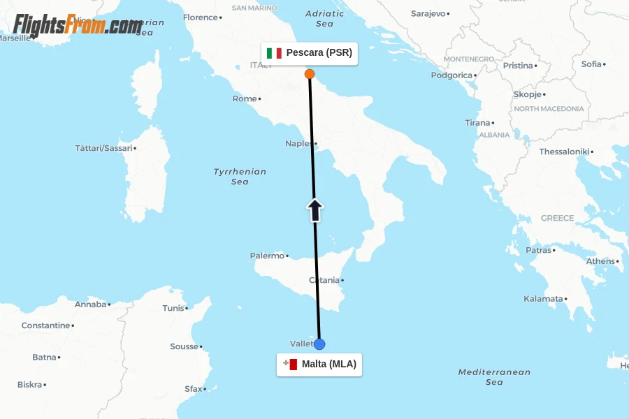 Flights from Malta to Pescara route map