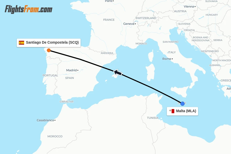 Flights from Malta to Santiago De Compostela route map