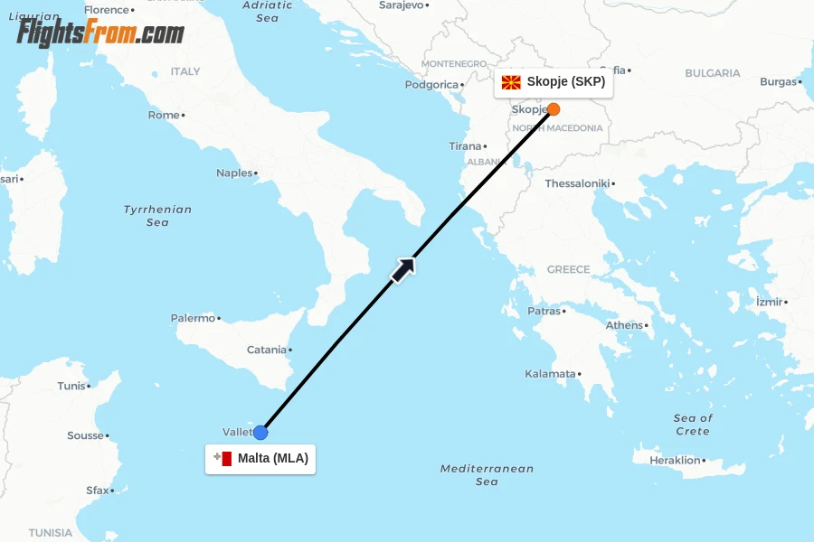 Flights from Malta to Skopje route map