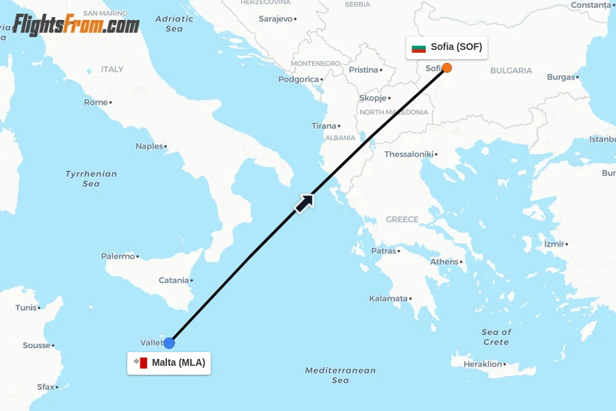 Flights from Malta to Sofia route map