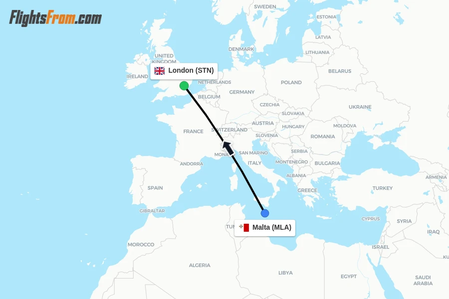 Flights from Malta to London route map