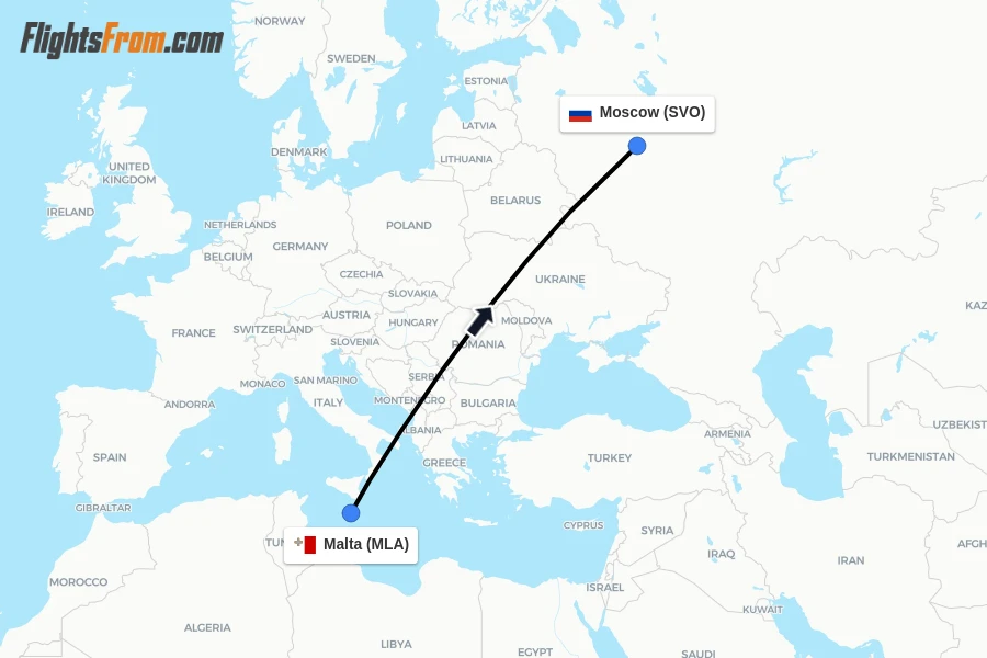 Flights from Malta to Moscow route map
