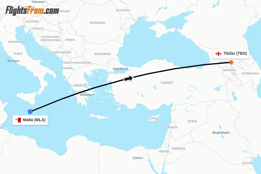 Flights from Malta to Tbilisi route map