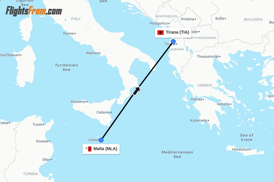 Flights from Malta to Tirana route map