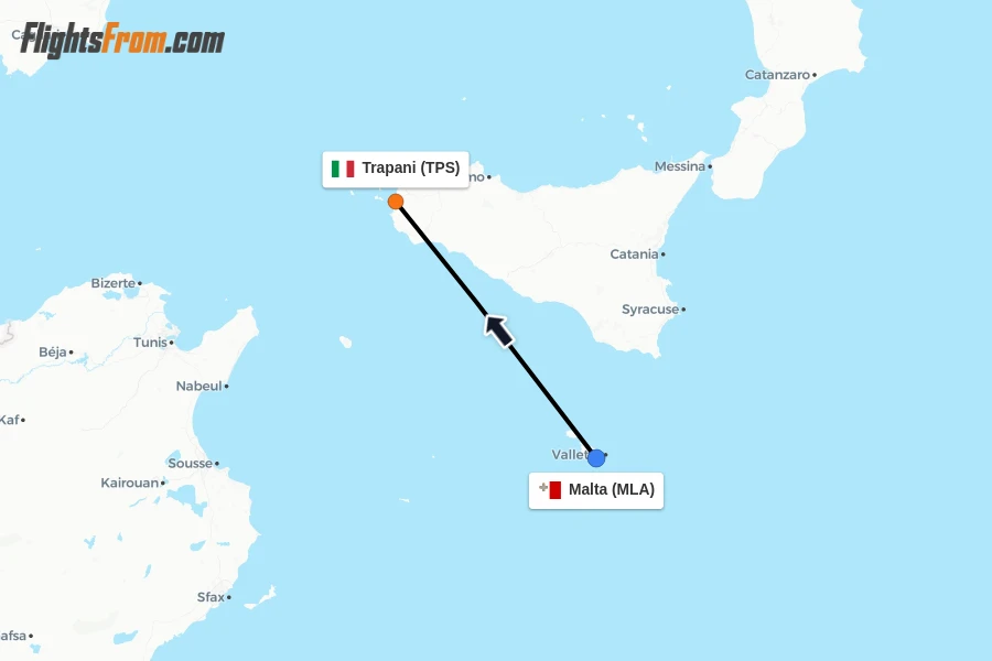 Flights from Malta to Trapani route map