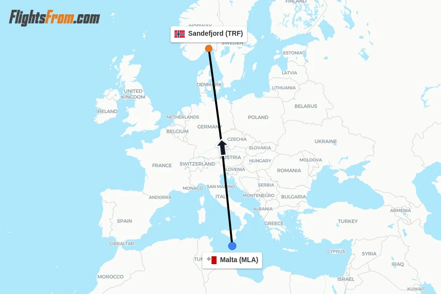 Flights from Malta to Sandefjord route map