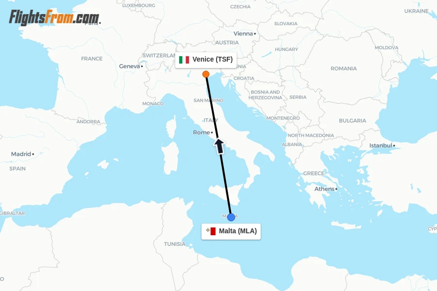 Flights from Malta to Venice route map