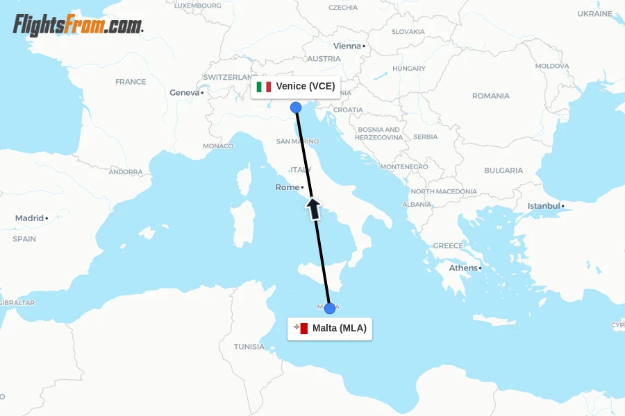 Flights from Malta to Venice route map