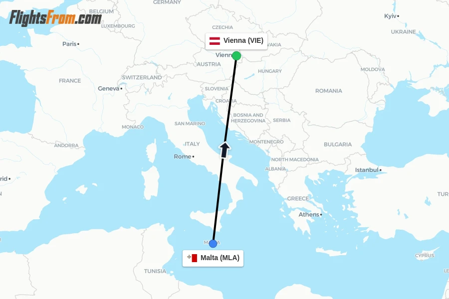 Flights from Malta to Vienna route map