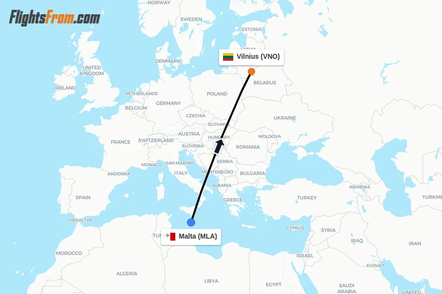 Flights from Malta to Vilnius route map