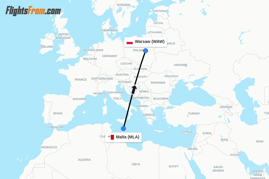 Flights from Malta to Warsaw route map