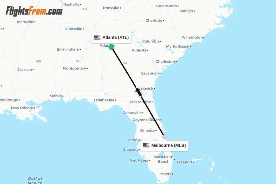 Flights from Melbourne to Atlanta route map