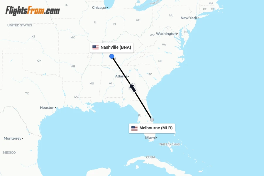 Flights from Melbourne to Nashville route map