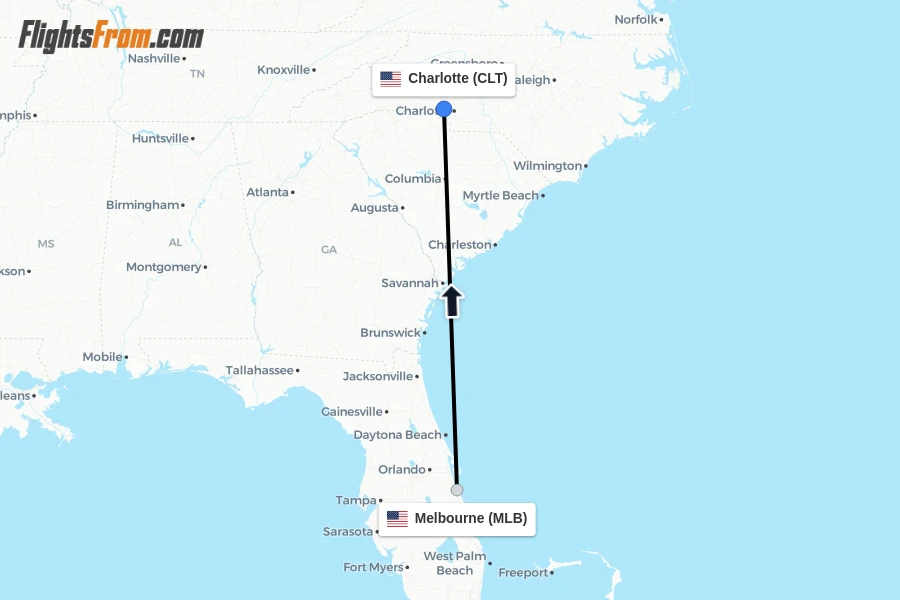 Flights from Melbourne to Charlotte route map