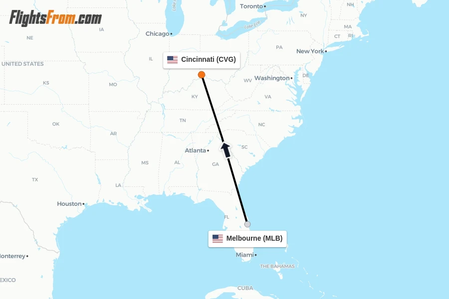 Flights from Melbourne to Cincinnati route map