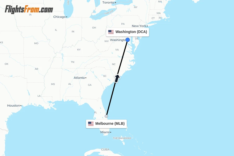 Flights from Melbourne to Washington route map