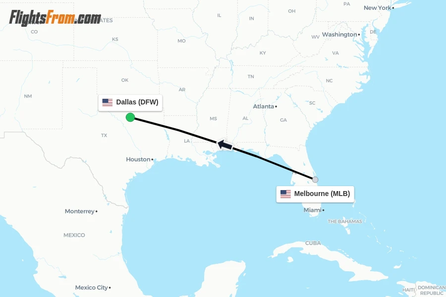 Flights from Melbourne to Dallas route map