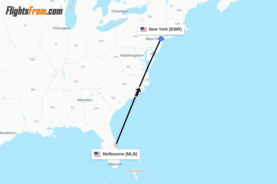 Flights from Melbourne to New York route map