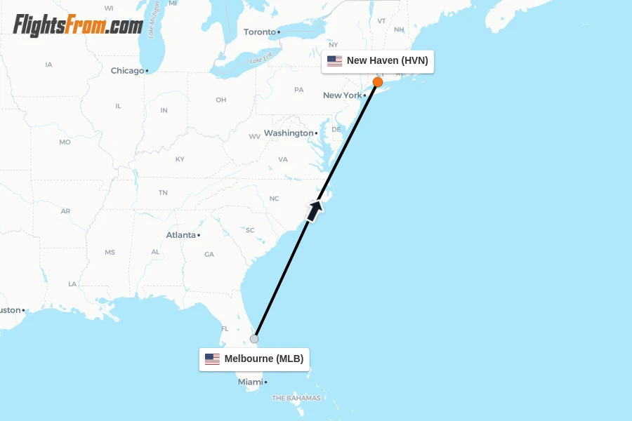 Flights from Melbourne to New Haven route map