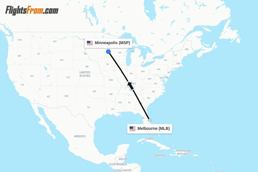 Flights from Melbourne to Minneapolis route map