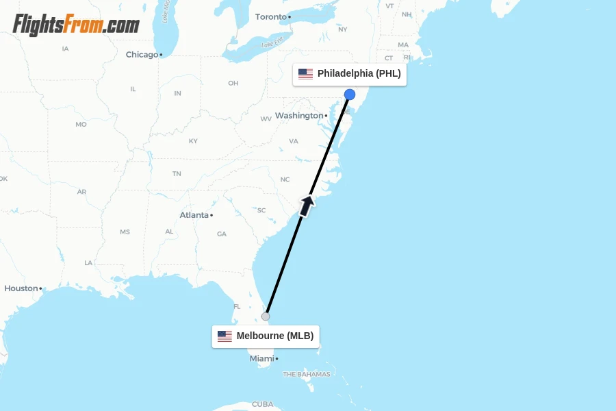 Flights from Melbourne to Philadelphia route map