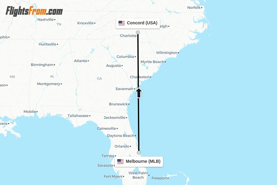Flights from Melbourne to Concord route map