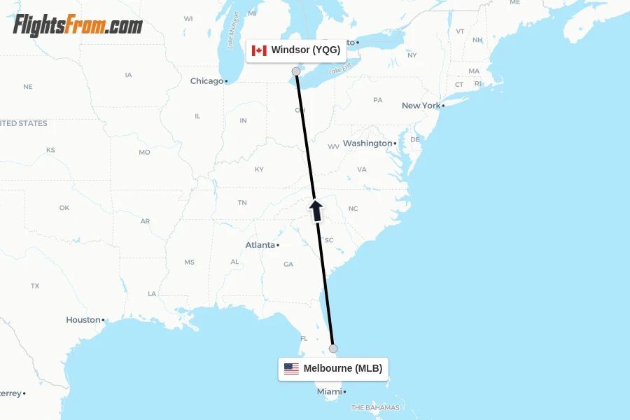 Flights from Melbourne to Windsor route map
