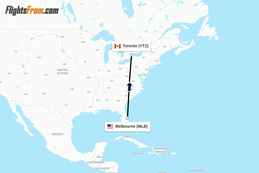 Flights from Melbourne to Toronto route map