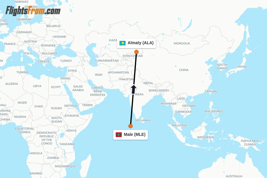 Flights from Male to Almaty route map
