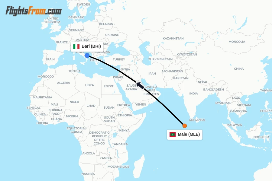 Flights from Male to Bari route map