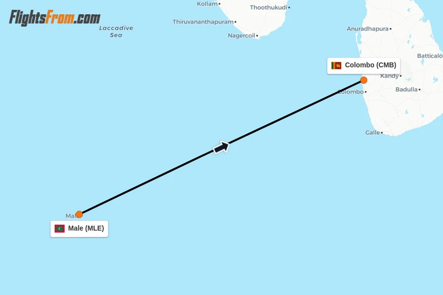 Flights from Male to Colombo route map
