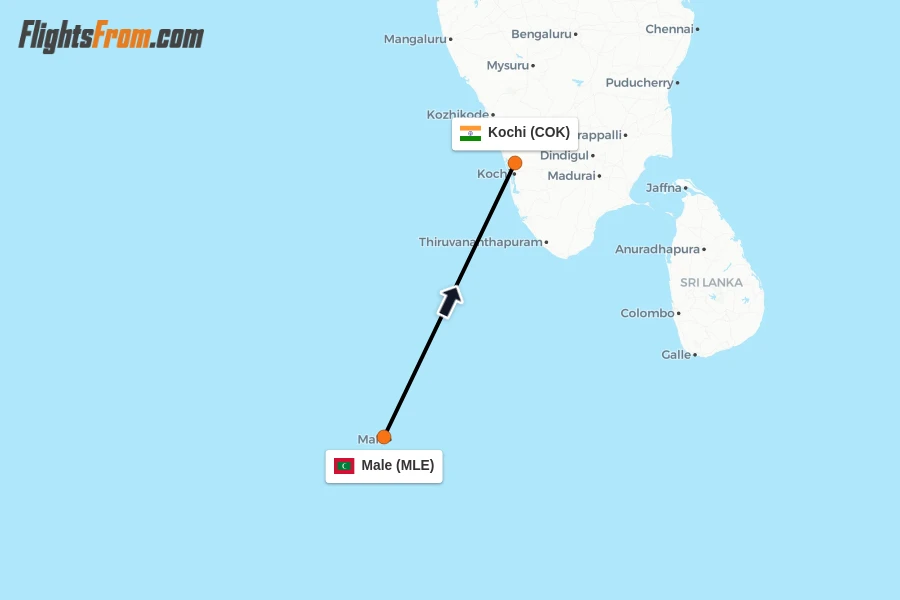 Flights from Male to Kochi route map
