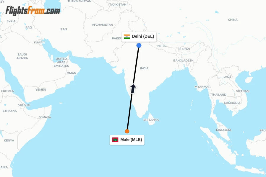 Flights from Male to Delhi route map