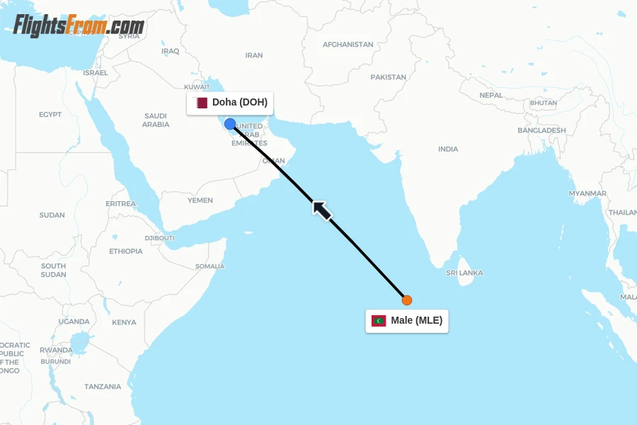 Flights from Male to Doha route map