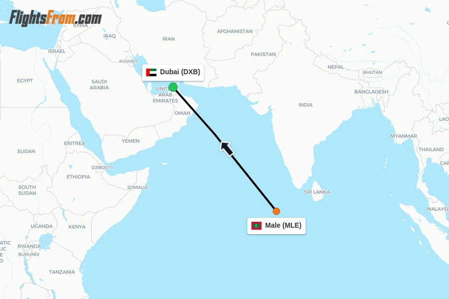 Flights from Male to Dubai route map