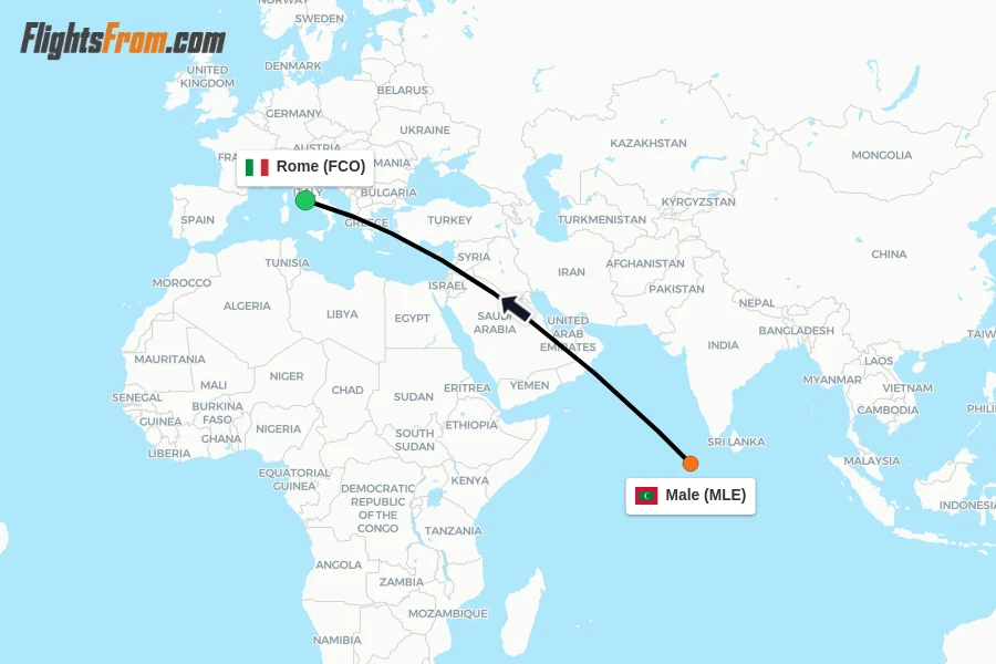 Flights from Male to Rome route map