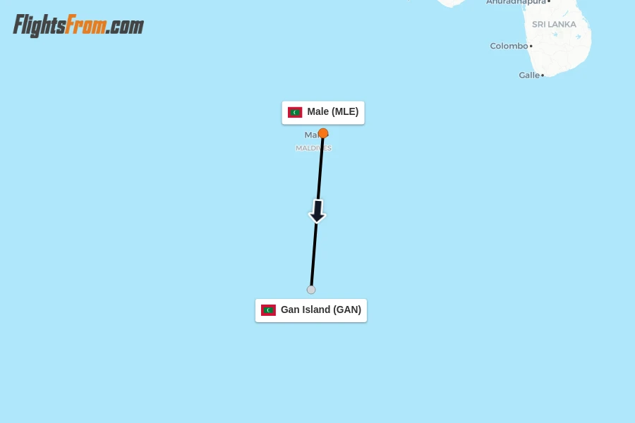Flights from Male to Gan Island route map