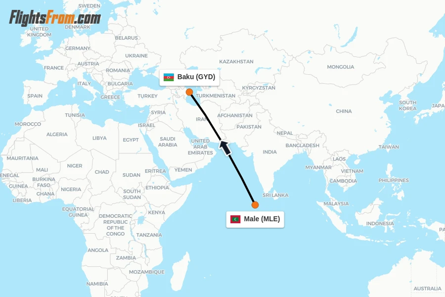 Flights from Male to Baku route map