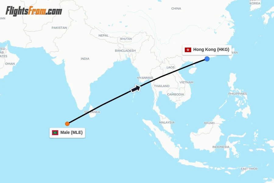 Flights from Male to Hong Kong route map