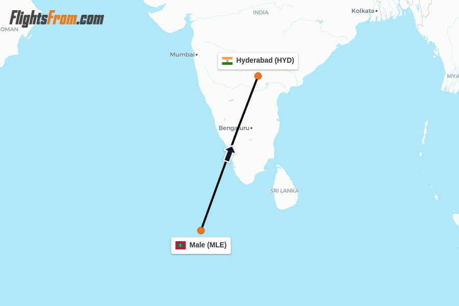 Flights from Male to Hyderabad route map