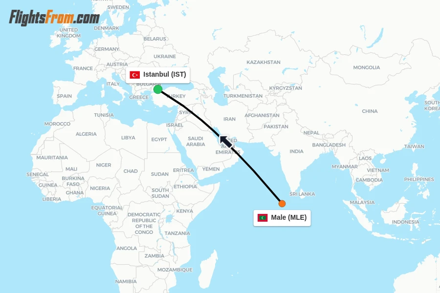 Flights from Male to Istanbul route map