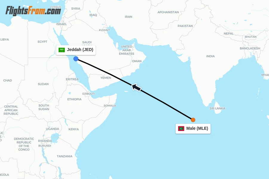 Flights from Male to Jeddah route map