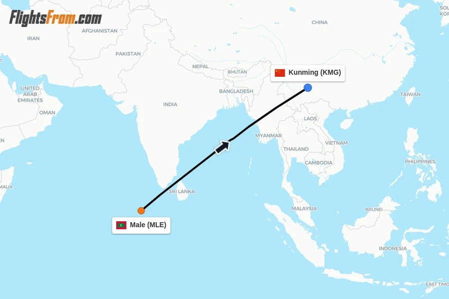 Flights from Male to Kunming route map