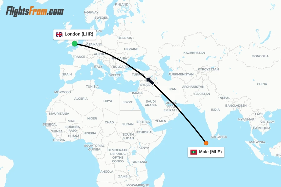 Flights from Male to London route map