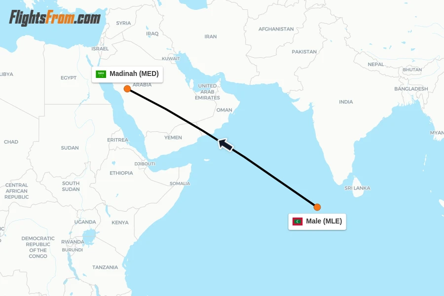 Flights from Male to Madinah route map