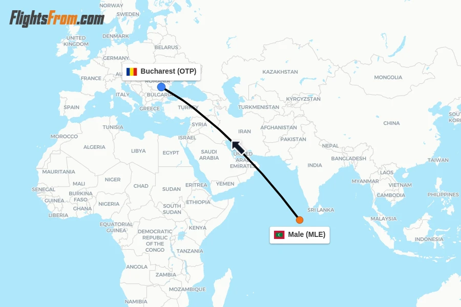 Flights from Male to Bucharest route map